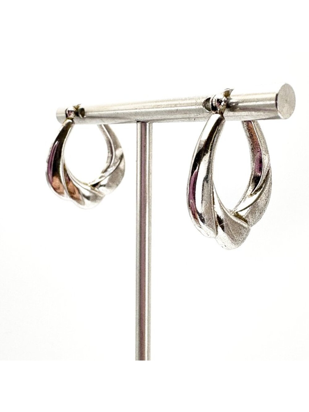 Puffed Ridged Hoop Earrings Hinged Posts VTG Sterling Silver 925 Size 1" Length